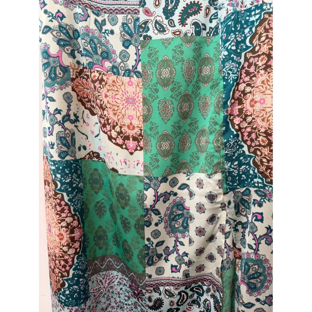 Boho Patchwork Paisley Floral Midi Skirt Teal Green Mixed Print Slit Skirt S/M